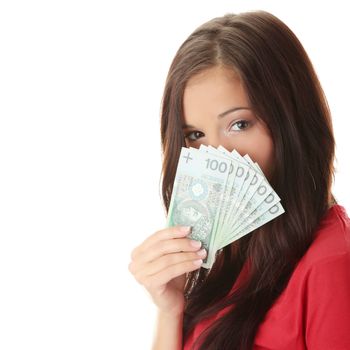 Cheerful young lady holding cash