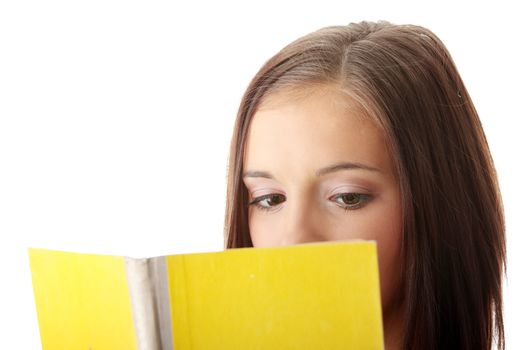 Young caucasian woman reading a book isolated on white background