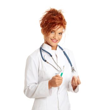 Young female doctor or nurse holding syringe , isolated on white.