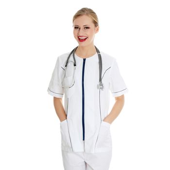 Female doctor or nurse, isolated on white