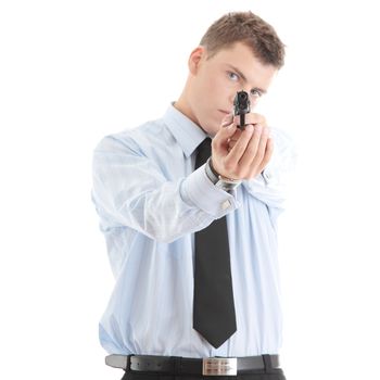 Gun control concept - businessman with handgun, isolated on white
