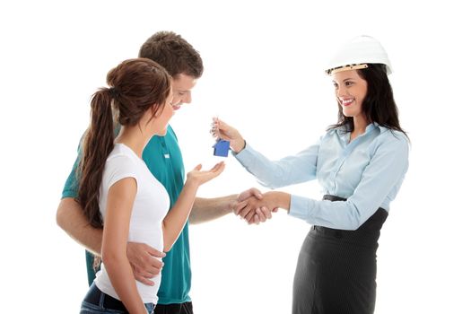 Real estate agent and young couple isolated on white background