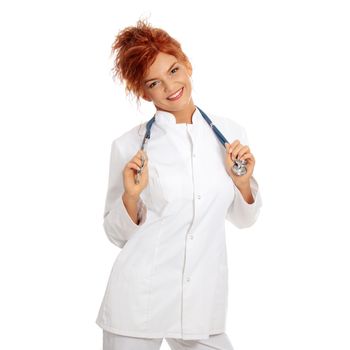 Smiling medical doctor or nurse. Isolated on white background