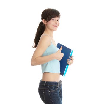 Young student girl with thumb up isolated on white background