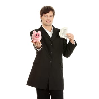 Young business holding piggy bank and dollars , isolated on white