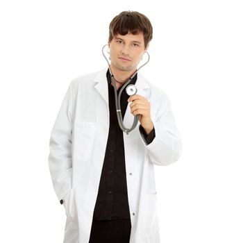 Handsome young doctor isolated on white background