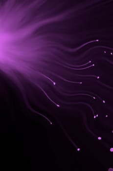 Abstract style close up capturing the ends of violet fibre optic light strands against dark background.