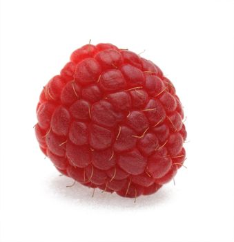 Macro shot of a raspberry photographed in a studio against a white background.