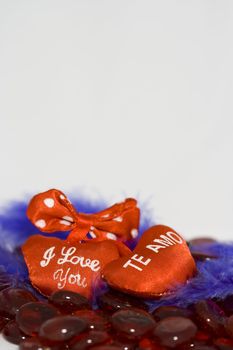 I love you in two languages set on red gemstones and blue feathers