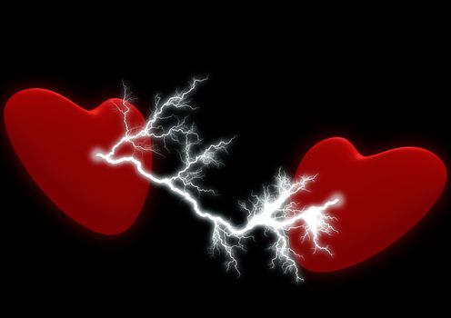 Two hearts with the electric discharge. It is isolated on a black background