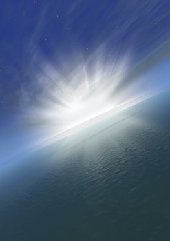 Sunrise from-for a planet the ground (beams passing place} through clouds)