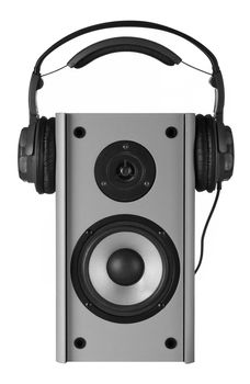 speaker and headphone. A photo close up details modern speaker