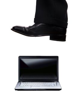 business foot walk over laptop with white background