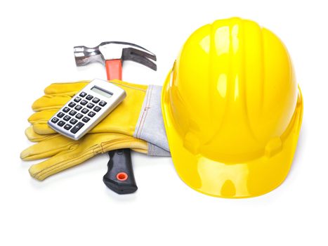 Ready fgor building site - HardHat Hammer Gloves Calculator on white