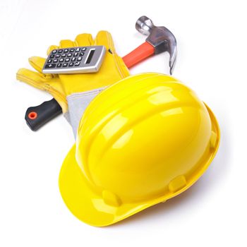 Ready fgor building site - HardHat Hammer Gloves Calculator on white