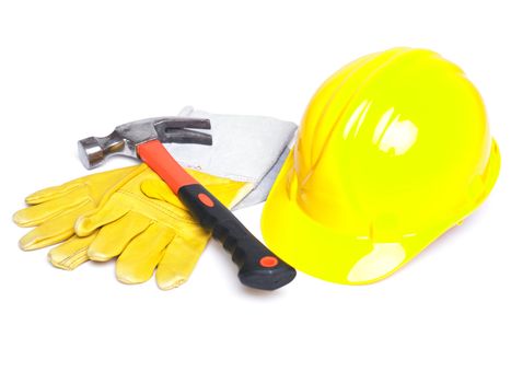 HardHat Hammer And Leather Gloves on white