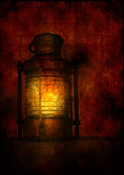 Computer designed grunge old lantern glowing in the dark