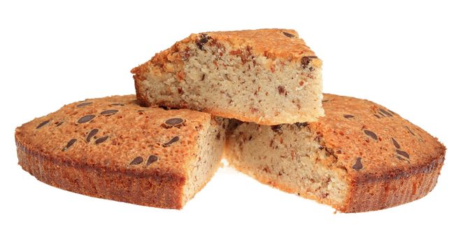 Image of a cake with chocolate against a white background.