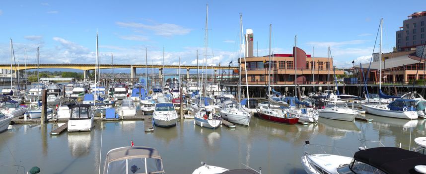 A marina panorama, Oak st bridge (Hwy-99) & River Rock casino in Richmond BC, Canada.