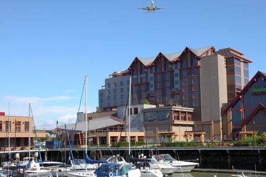 A flight path over River Rock casino Richmond BC Canada.