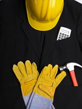 Engineer suit is Ready - HardHat Hammer Gloves Calculator on white
