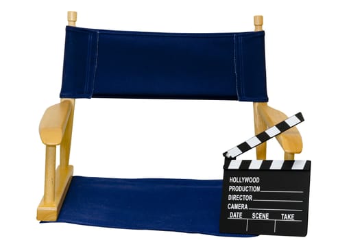 Director's chair with clapboard isolated closeup on white background with clipping path.