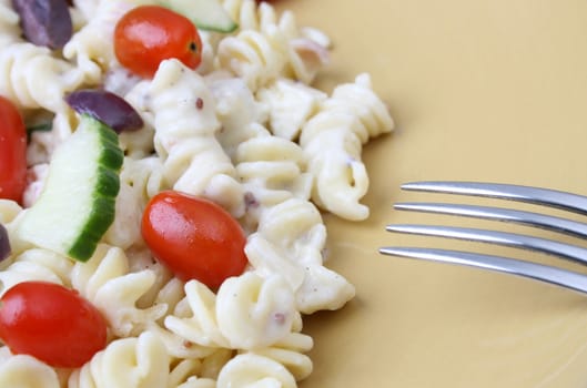 Cold Pasta Salad with tomatoes, cucumbers and olives