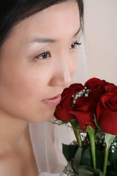 Beautiful Korean bride wearing a traditional wedding gown 