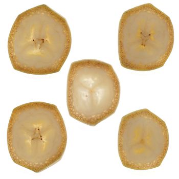 Slices of banana isolated on white background.