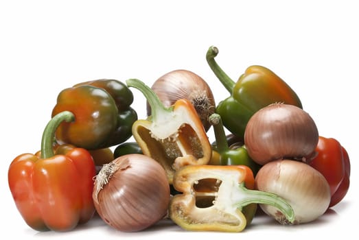 Peppers and onions isolated over a white background.