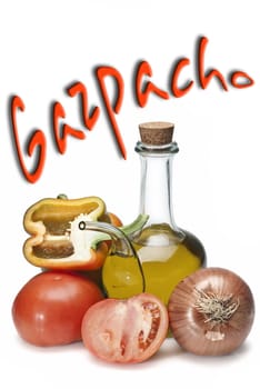 Olive oil and some vegetables like tomatoes, peppers and onions to make gazpacho isolated over a white background.