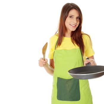 Young woman cooking healthy food, isolated on white