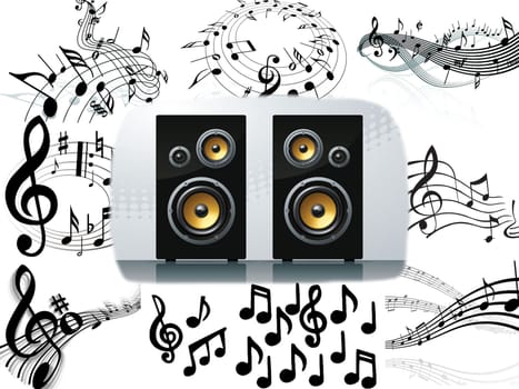 the speakers and musical notes