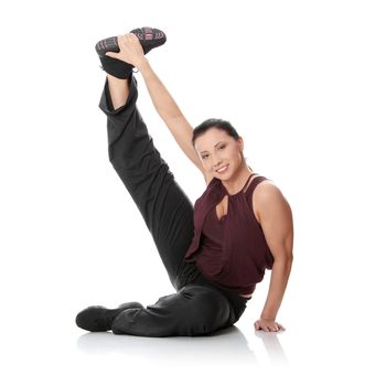 Young woman doing exercise, isolated on white