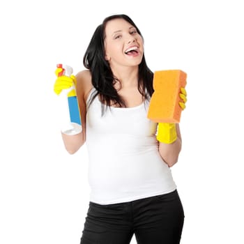 Woman with sponge and spray. Isolated on white background