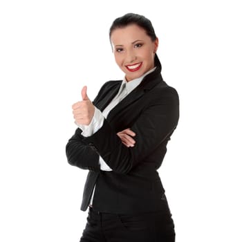 Confident business woman standing wearing elegant clothes with thumb up- isolated over a white background