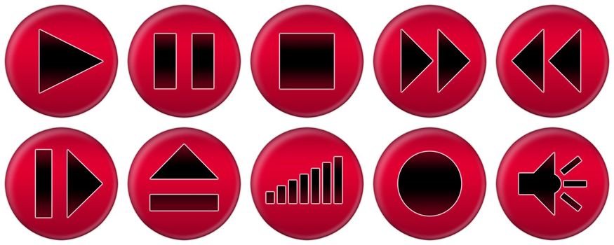Set of red round buttons for music player