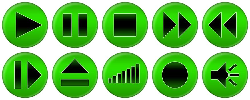 Set of green round buttons for music player