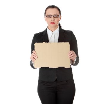 Unemployed businesswoman with empty cardboard sign , isolated on white background