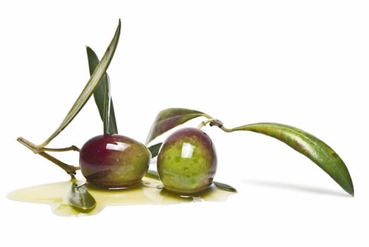 Green olives with leaves covered in olive oil and isolated over awhite background.