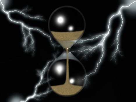 an hourglass on a black background and lightning