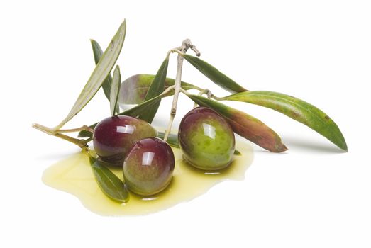 Green olives with leaves covered in olive oil and isolated over awhite background.