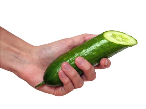 Hand holding a cucumber on white background