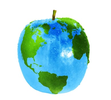 Fresh apple with drops of water, stylized like globe.