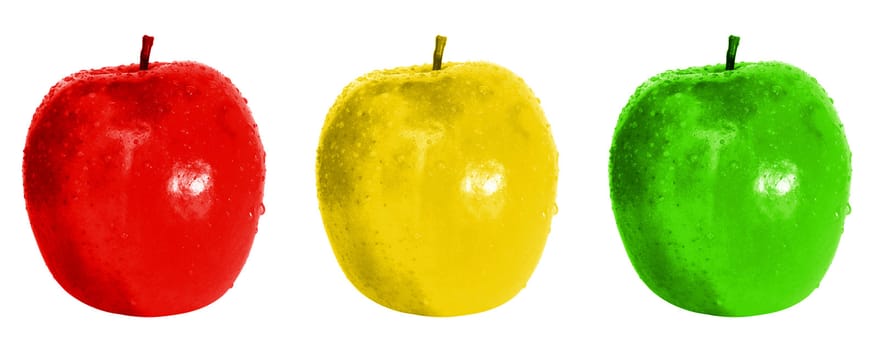 Coloured apples with drops of water on white background