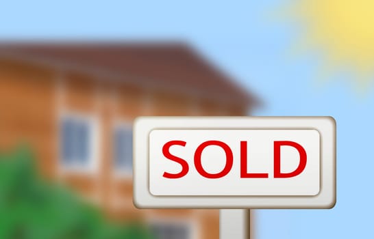 Real Estate sold sign with building, trees and sun blurry in the background