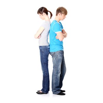 Pensive couple having an argument isolated over white background