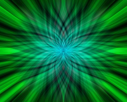 Curved lines of green and pale blue light on black background.