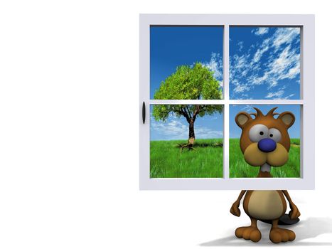beaver behind the blue window
