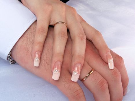 Hands of a man and woman with wedding rings